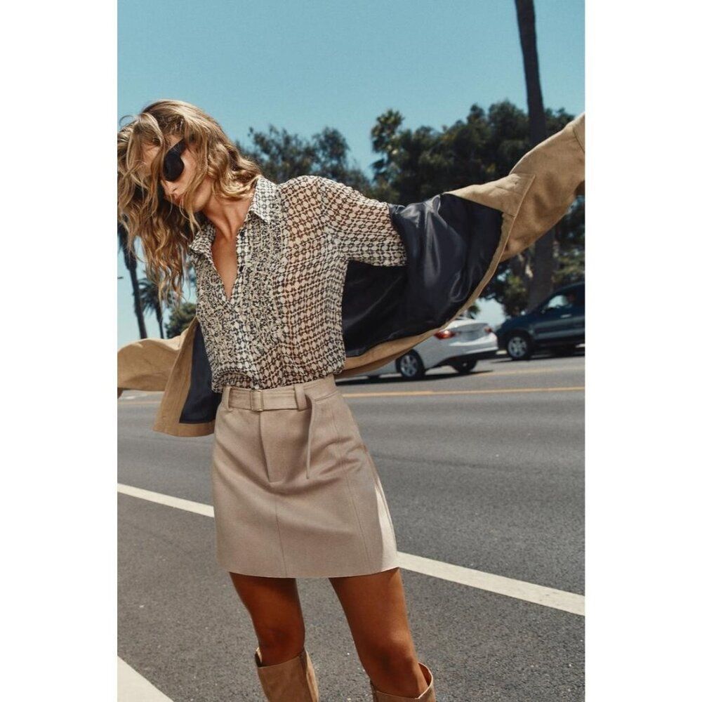 Zara Womens Mini Skirt S Small Tan Short Belted Faux Suede 3046/354 NWT